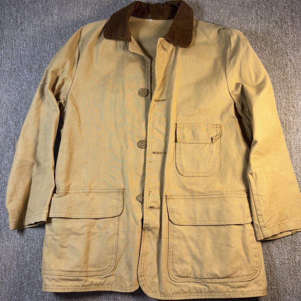 Vintage Sears Fieldmaster Hunting Chore Jacket Tan Canvas Corduroy Collar 19x27